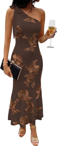 Caracilia Womens Floral One Shoulder Formal Dress Summer Elegant Bodycon Mesh Wedding Guest Cocktail Party Long Maxi Dresses in Kuwait