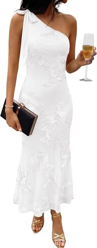 Caracilia Womens Floral One Shoulder Formal Dress Summer Elegant Bodycon Mesh Wedding Guest Cocktail Party Long Maxi Dresses in Kuwait
