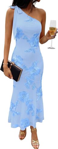 Caracilia Womens Floral One Shoulder Formal Dress Summer Elegant Bodycon Mesh Wedding Guest Cocktail Party Long Maxi Dresses in Kuwait