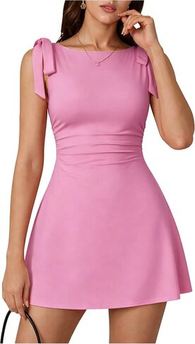 Women's Sleeveless Boat Neck Bodycon Ruched Elegant Bow Tie Graduation Party Mini Dress in Saudi Arabia