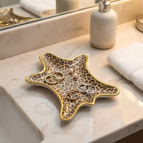 Bokon Leopard Jewelry Tray Trinket Plate 6.3 x 4.7 Inch Ceramic Cheetah Print Rings Case Dish Animal Jewelry Organizer for Room Decor Women Birthday Mothers Gift in Kuwait
