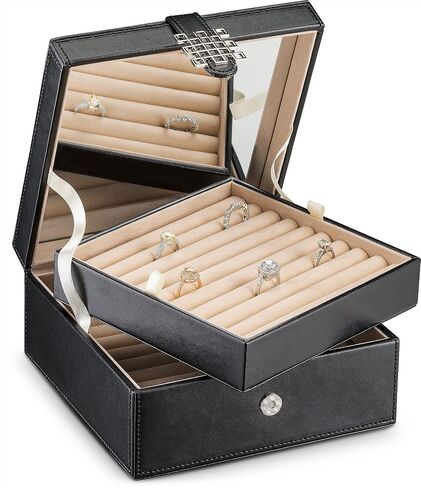 Glenor Co Ring Box Organizer - 54 Slot Classic Jewelry Display Case Holder - Storage Tray with Modern Buckle Closure, Large Mirror - Holds Rings and Cufflinks - Small for Travel - PU Leather - Black in Saudi Arabia