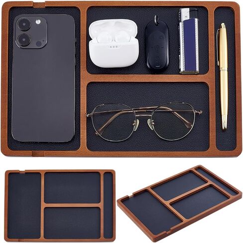 Wooden Valet Tray with PU Leather Inlay Wood Storage Organizer Tray with 4 Compartment Nightstand Desktop Storage Organizer for Phone Keys Wallet Watch Dresser Entryway Catchall Holder in Kuwait