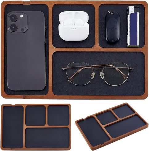 Wooden Valet Tray with PU Leather Inlay Wood Storage Organizer Tray with 4 Compartment Nightstand Desktop Storage Organizer for Phone Keys Wallet Watch Dresser Entryway Catchall Holder in Kuwait