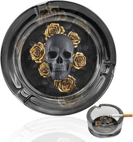 Black Skull with Gold Roses Cigarette Ashtrays Round Portable Cigar Ashtray Transparent Glass Smoking Ash Tray for Indoor Outdoor Home Office Patio Balcony Tabletop Decor in Saudi Arabia