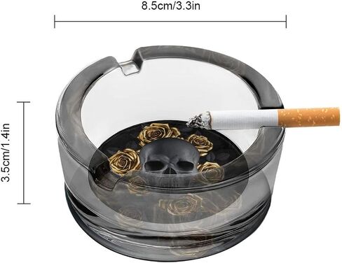 Black Skull with Gold Roses Cigarette Ashtrays Round Portable Cigar Ashtray Transparent Glass Smoking Ash Tray for Indoor Outdoor Home Office Patio Balcony Tabletop Decor in Saudi Arabia