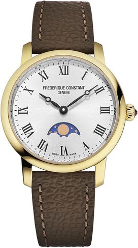 Frederique Constant Ladies Swiss Made Classic Quartz Moonphase Gold Stainless Steel Case Watch and Brown Leather Strap, Style: FC-206RS1S5 in Saudi Arabia