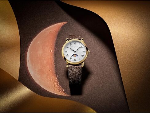 Frederique Constant Ladies Swiss Made Classic Quartz Moonphase Gold Stainless Steel Case Watch and Brown Leather Strap, Style: FC-206RS1S5 in Saudi Arabia