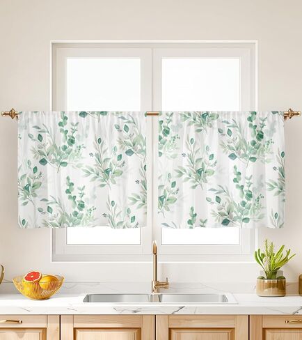 MAMUSE Kitchen Curtains Over Sink - Cortinas para Cocina Cafe Basement Farmhouse Short Mini Curtain for Bathroom Window Summer Elegant Country Rustic Modern Cute - 30×24", Green Leaves in Kuwait