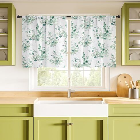 MAMUSE Kitchen Curtains Over Sink - Cortinas para Cocina Cafe Basement Farmhouse Short Mini Curtain for Bathroom Window Summer Elegant Country Rustic Modern Cute - 30×24", Green Leaves in Kuwait