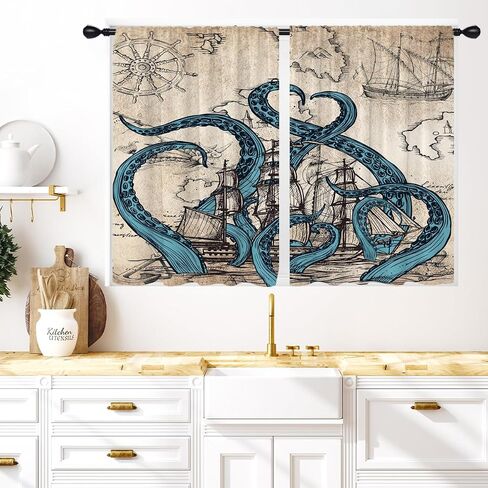 Coxila Vintage Octopus Kitchen Window Curtains 27.5 x 36 Inch Small Short Mini Cafe Rod Pocket Ocean Kraken Pirate Nautical for Living Bedroom Room Home Treatment Set of 2 Curtain Panels Drapes Tiers in Saudi Arabia