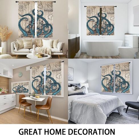 Coxila Vintage Octopus Kitchen Window Curtains 27.5 x 36 Inch Small Short Mini Cafe Rod Pocket Ocean Kraken Pirate Nautical for Living Bedroom Room Home Treatment Set of 2 Curtain Panels Drapes Tiers in Saudi Arabia