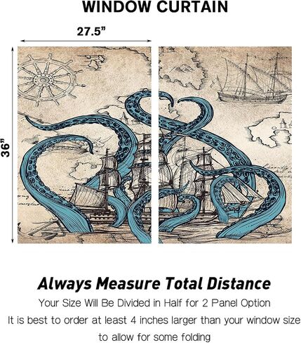 Coxila Vintage Octopus Kitchen Window Curtains 27.5 x 36 Inch Small Short Mini Cafe Rod Pocket Ocean Kraken Pirate Nautical for Living Bedroom Room Home Treatment Set of 2 Curtain Panels Drapes Tiers in Saudi Arabia