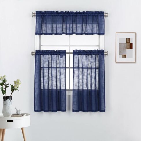 Diamond Home Linens 3 Piece Linen Semi Sheer Kitchen Window Curtain Tiers and Valance Set 36" Long, Navy Blue. in Saudi Arabia