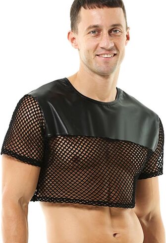 Mens Fishnet Shirt Faux Leather Crop Top Sexy Mesh Tank Tops See Through Muscle T-Shirts Rave Outfits in Saudi Arabia