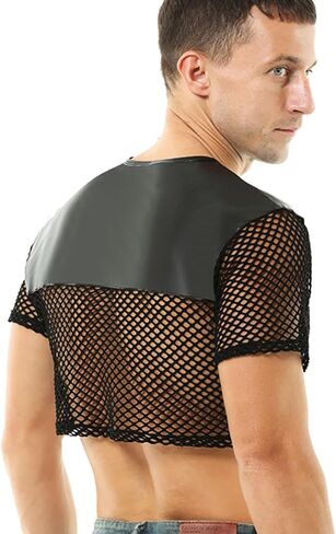 Mens Fishnet Shirt Faux Leather Crop Top Sexy Mesh Tank Tops See Through Muscle T-Shirts Rave Outfits in Kuwait