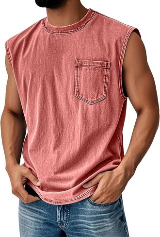 Sleeveless Shirts for Men Distressed Washed Tank Tops Henley Button Down V Neck Polo Shirt Vintage Solid Tee Top in Kuwait