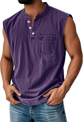 Sleeveless Shirts for Men Distressed Washed Tank Tops Henley Button Down V Neck Polo Shirt Vintage Solid Tee Top in Kuwait