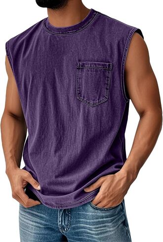 Sleeveless Shirts for Men Distressed Washed Tank Tops Henley Button Down V Neck Polo Shirt Vintage Solid Tee Top in Kuwait