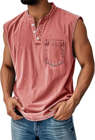 Sleeveless Shirts for Men Distressed Washed Tank Tops Henley Button Down V Neck Polo Shirt Vintage Solid Tee Top in Kuwait