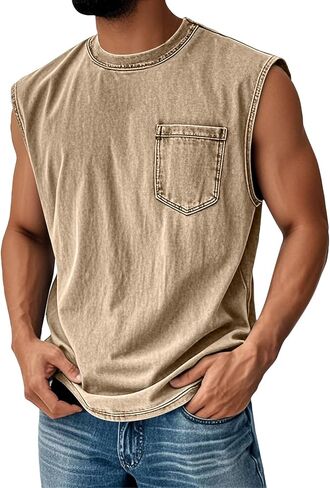 Sleeveless Shirts for Men Distressed Washed Tank Tops Henley Button Down V Neck Polo Shirt Vintage Solid Tee Top in Kuwait