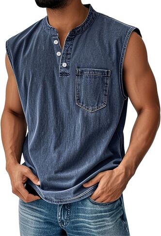 Sleeveless Shirts for Men Distressed Washed Tank Tops Henley Button Down V Neck Polo Shirt Vintage Solid Tee Top in Kuwait