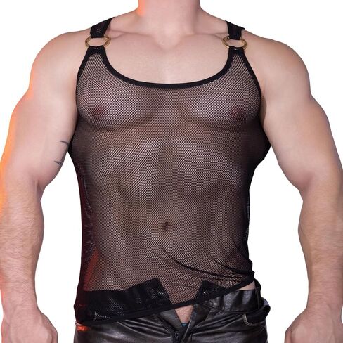 Mens Lace Tank Tops, Sexy Sheer Vests Faux Leather Sleeveless Shirts for Activewear in Kuwait