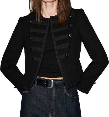 Women's Steampunk Military Jacket Wool Blend Napoleon Style Crew Neck Button Design Casual Blazer in Kuwait
