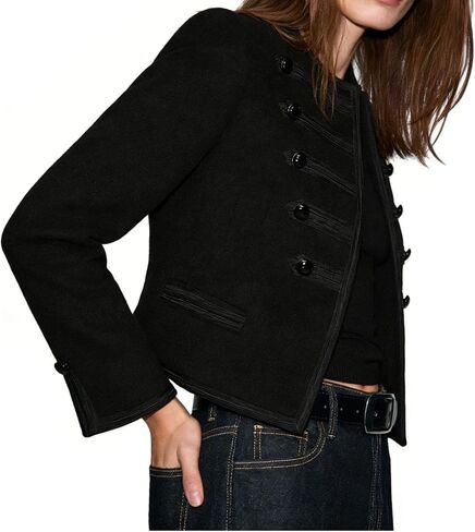 Women's Steampunk Military Jacket Wool Blend Napoleon Style Crew Neck Button Design Casual Blazer in Kuwait