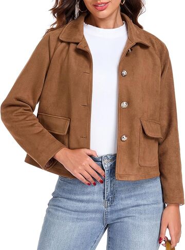 Women's Faux Suede Leather Jackets Cropped Casual Lapel Collar Button Down Lightweight Spring Vintage Shackets in Saudi Arabia