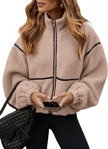 utcoco Women's Casual Cropped Sherpa Fleece Jacket Zip Up Chunky Fuzzy Teddy Coats Outerwear in Kuwait