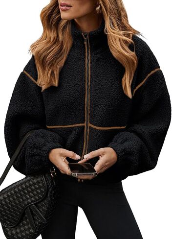 utcoco Women's Casual Cropped Sherpa Fleece Jacket Zip Up Chunky Fuzzy Teddy Coats Outerwear in Kuwait