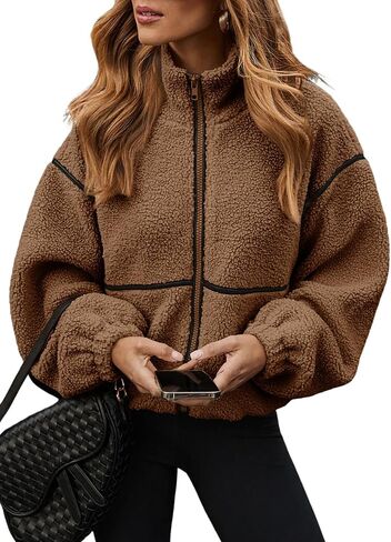 utcoco Women's Casual Cropped Sherpa Fleece Jacket Zip Up Chunky Fuzzy Teddy Coats Outerwear in Kuwait