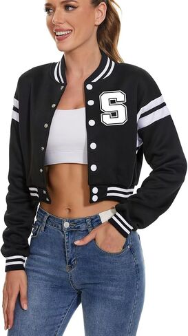jeecoin Women's Baseball Varsity Jacket Vintage Crop Top Letter Print College Letterman Coat Bomber Jackets in Saudi Arabia