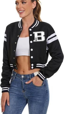 jeecoin Women's Baseball Varsity Jacket Vintage Crop Top Letter Print College Letterman Coat Bomber Jackets in Saudi Arabia