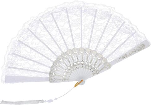 Lace Fan, White Lace Hand Fan for Tea Party Vintage Bride Fans Folding Tea Party Fans with Tassel for Women Bride Wedding Masquerade Dancing Decorations in Kuwait