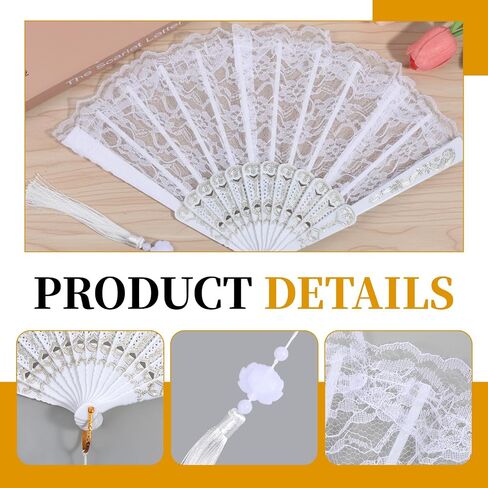 Lace Fan, White Lace Hand Fan for Tea Party Vintage Bride Fans Folding Tea Party Fans with Tassel for Women Bride Wedding Masquerade Dancing Decorations in Kuwait