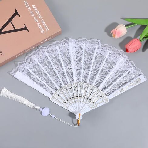 Lace Fan, White Lace Hand Fan for Tea Party Vintage Bride Fans Folding Tea Party Fans with Tassel for Women Bride Wedding Masquerade Dancing Decorations in Kuwait