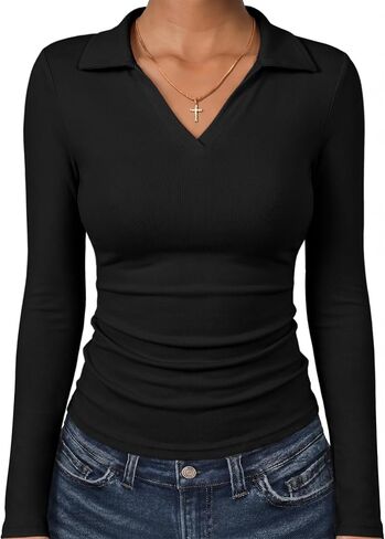 ANRABESS Womens Long Sleeve Fitted Polo Shirts | Fleece Soft Warm，V Neck Collared，Slim Work Tops,Soft，Dressy Business Casual Outfits，Office Daily Wear, Fall Winter Transition in Kuwait