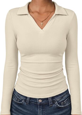 ANRABESS Womens Long Sleeve Fitted Polo Shirts | Fleece Soft Warm，V Neck Collared，Slim Work Tops,Soft，Dressy Business Casual Outfits，Office Daily Wear, Fall Winter Transition in Kuwait