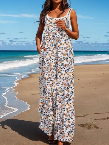 Women's Jumpsuits Summer Rompers Casual Wide Leg Overalls Loose Sleeveless Boho Rompers with Pockets in Kuwait
