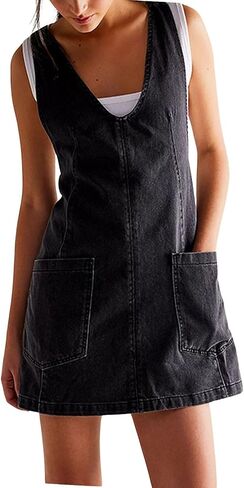 ebossy Women's Vintage Denim Dress Loose V Neck Sleeveless A-line Jean Overall Mini Dress with Pockets in Kuwait