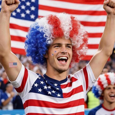 MEEZY American Flag Colored Afro Wig for Men Women 2026 World Soccer Championship Cup, Blue White Red Afro Wigs Soccer Fans Cheer Hair Piece Funny Crazy Fluffy Hair with Accessories for 4th of July in Saudi Arabia
