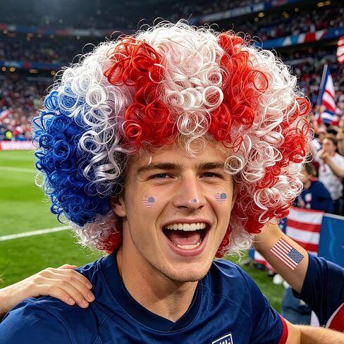 MEEZY American Flag Colored Afro Wig for Men Women 2026 World Soccer Championship Cup, Blue White Red Afro Wigs Soccer Fans Cheer Hair Piece Funny Crazy Fluffy Hair with Accessories for 4th of July in Saudi Arabia