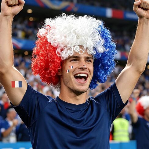 MEEZY American Flag Colored Afro Wig for Men Women 2026 World Soccer Championship Cup, Blue White Red Afro Wigs Soccer Fans Cheer Hair Piece Funny Crazy Fluffy Hair with Accessories for 4th of July in Saudi Arabia