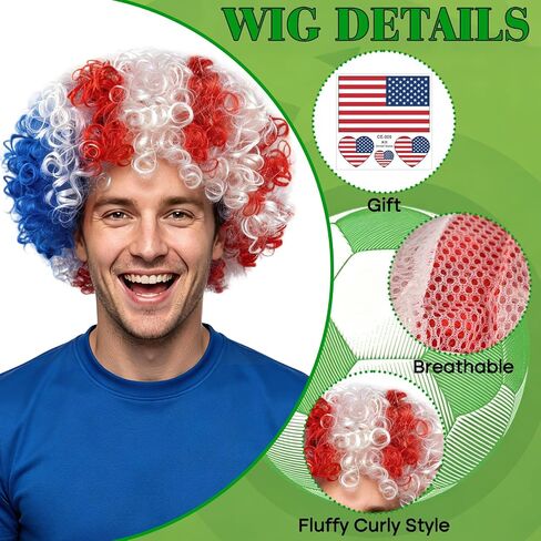 MEEZY American Flag Colored Afro Wig for Men Women 2026 World Soccer Championship Cup, Blue White Red Afro Wigs Soccer Fans Cheer Hair Piece Funny Crazy Fluffy Hair with Accessories for 4th of July in Saudi Arabia