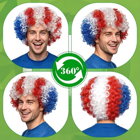 MEEZY American Flag Colored Afro Wig for Men Women 2026 World Soccer Championship Cup, Blue White Red Afro Wigs Soccer Fans Cheer Hair Piece Funny Crazy Fluffy Hair with Accessories for 4th of July in Saudi Arabia