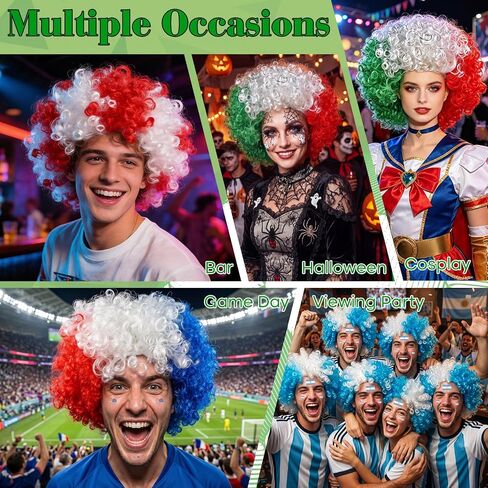 MEEZY American Flag Colored Afro Wig for Men Women 2026 World Soccer Championship Cup, Blue White Red Afro Wigs Soccer Fans Cheer Hair Piece Funny Crazy Fluffy Hair with Accessories for 4th of July in Saudi Arabia