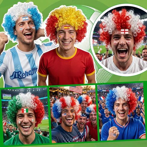 MEEZY American Flag Colored Afro Wig for Men Women 2026 World Soccer Championship Cup, Blue White Red Afro Wigs Soccer Fans Cheer Hair Piece Funny Crazy Fluffy Hair with Accessories for 4th of July in Saudi Arabia
