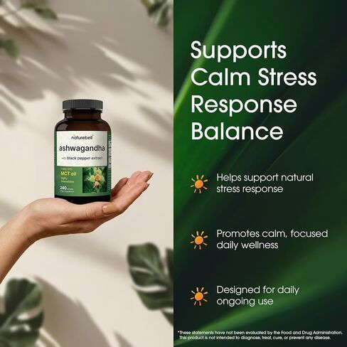 NatureBell Ashwagandha with Black Pepper Extract - 240 Softgels - Made with MCT Oil - Highly Bioavailable in Kuwait